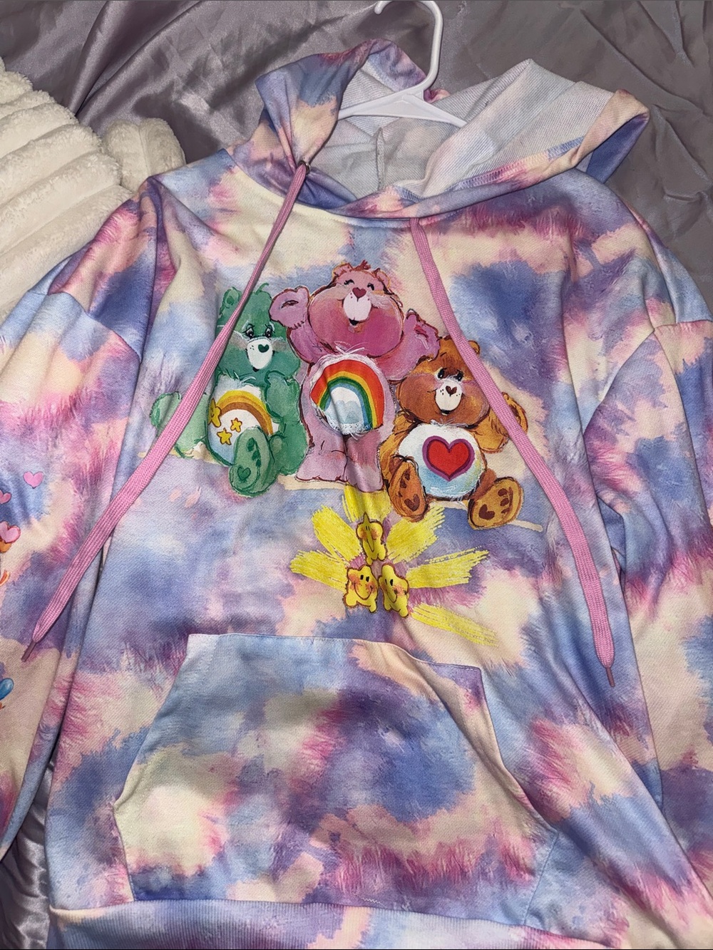 Tie-Dye Care Bears Hoodie for Women- Pastel Purple Pink Blue